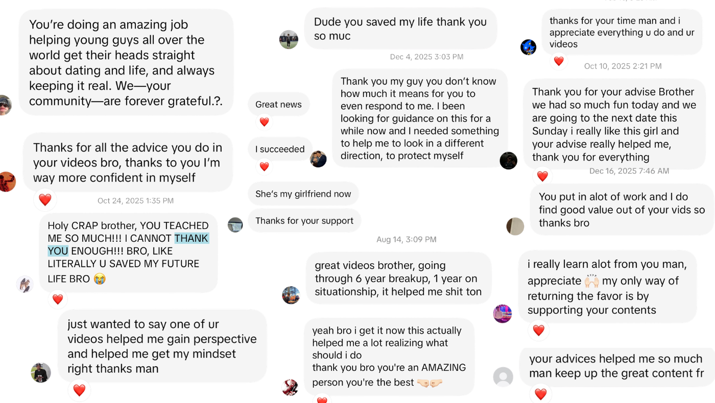 Screenshots of messages from viewers thanking Sean for his advice
